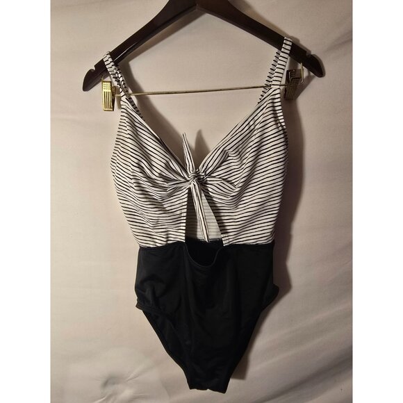 Beach Betty Womens Swimsuit Cutouts Bow Black White One Piece Medium M Pinup - Picture 1 of 2